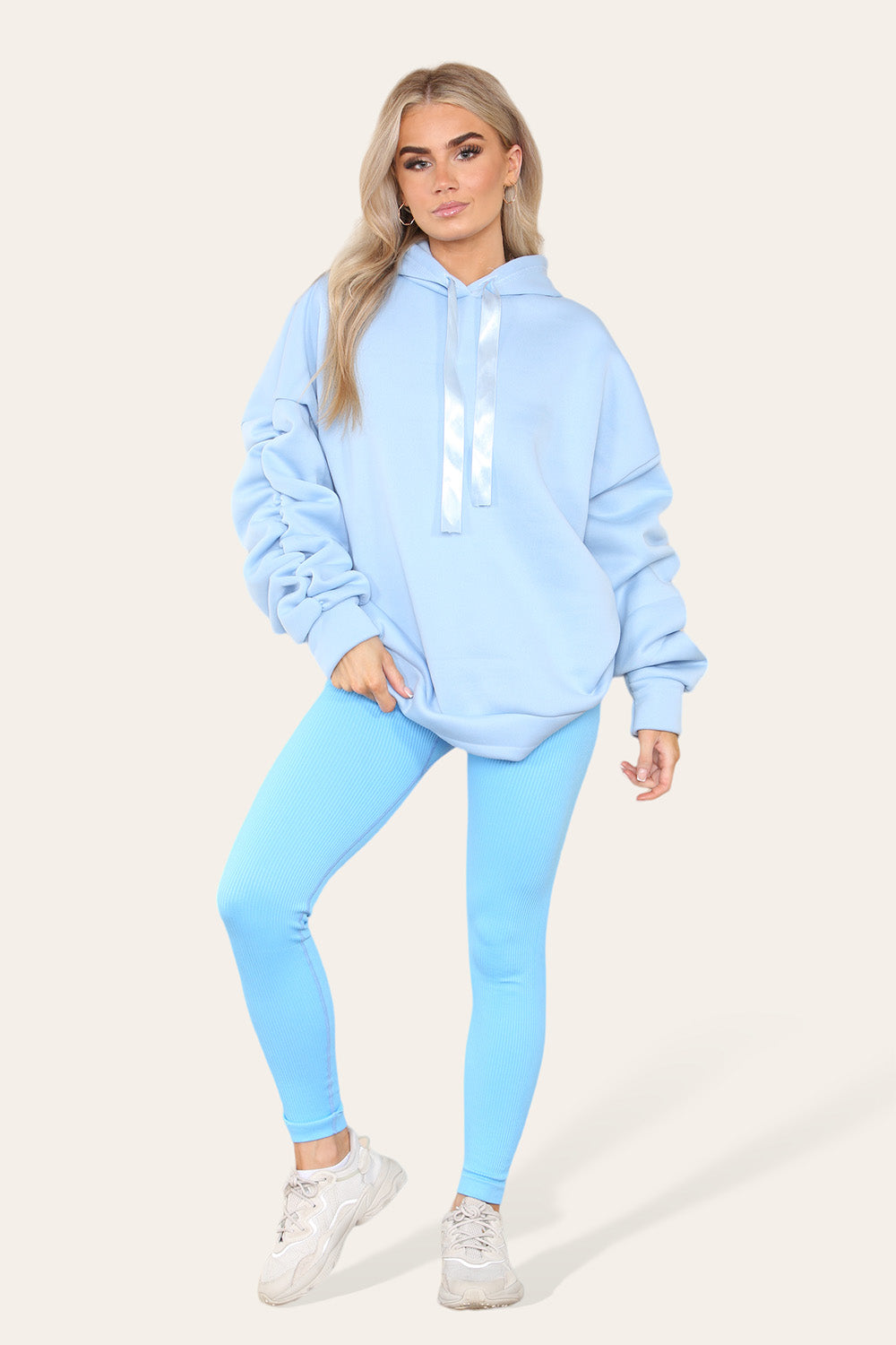 Oversized Ruched Sleeves Hoodie With Satin Ribbon with High Waist High Rise Seamless Ribbed Legging Set