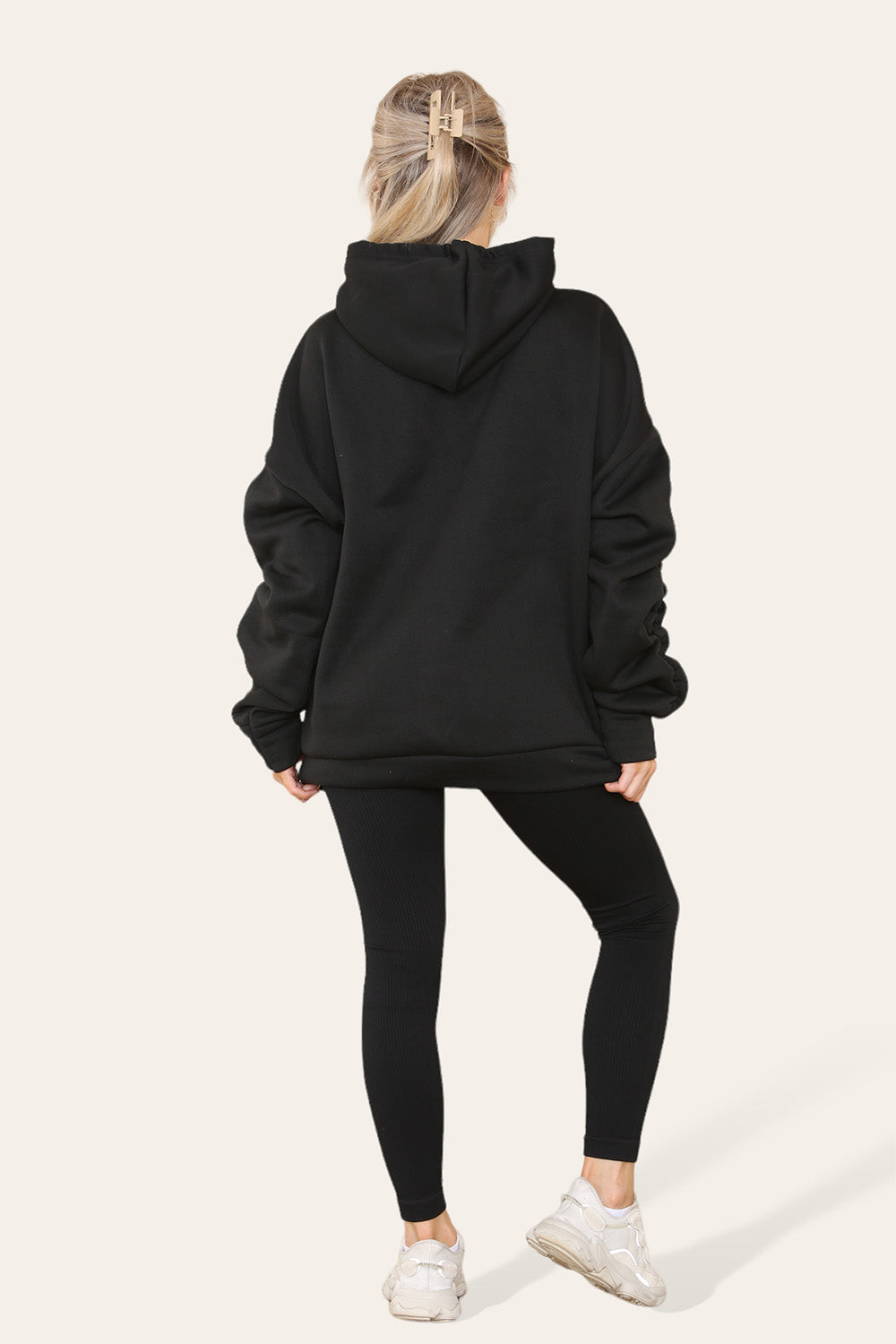 Oversized Ruched Sleeves Hoodie With Satin Ribbon with High Waist High Rise Seamless Ribbed Legging Set