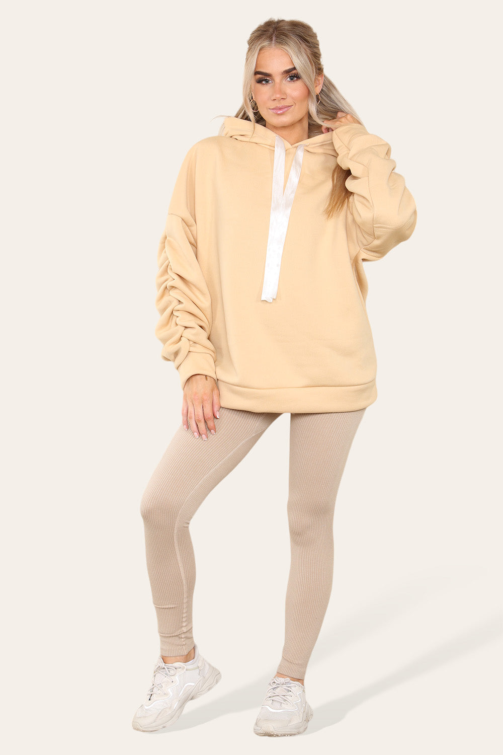 Plus Size Ruched Sleeves Hoodie With Satin Ribbon