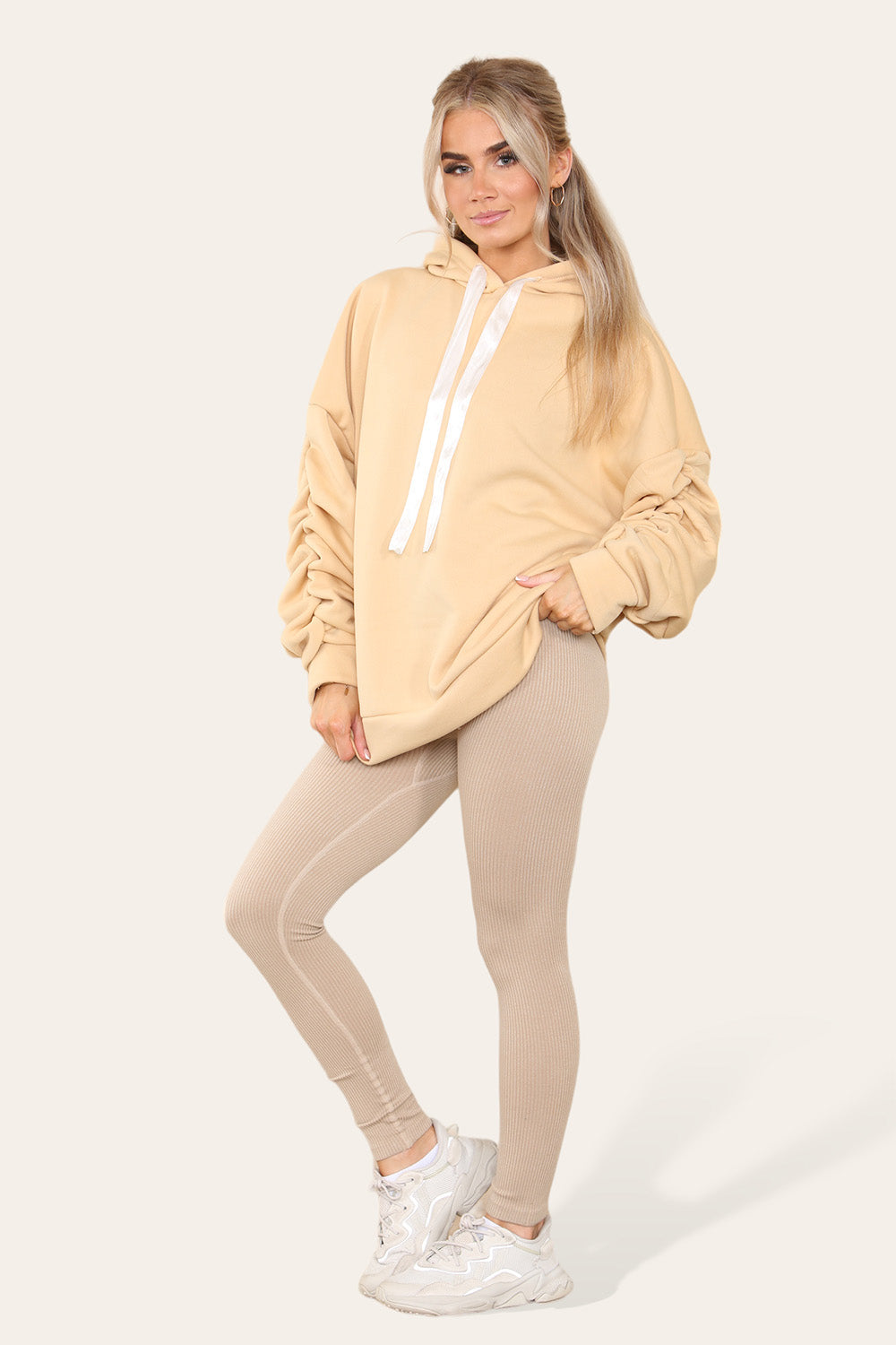 Oversized Ruched Sleeves Hoodie With Satin Ribbon