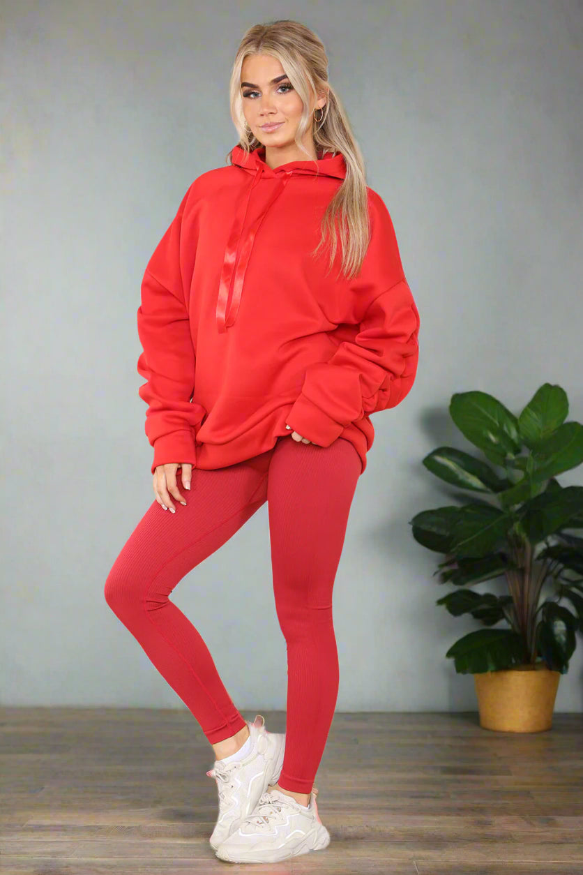 Oversized Ruched Sleeves Hoodie With Satin Ribbon