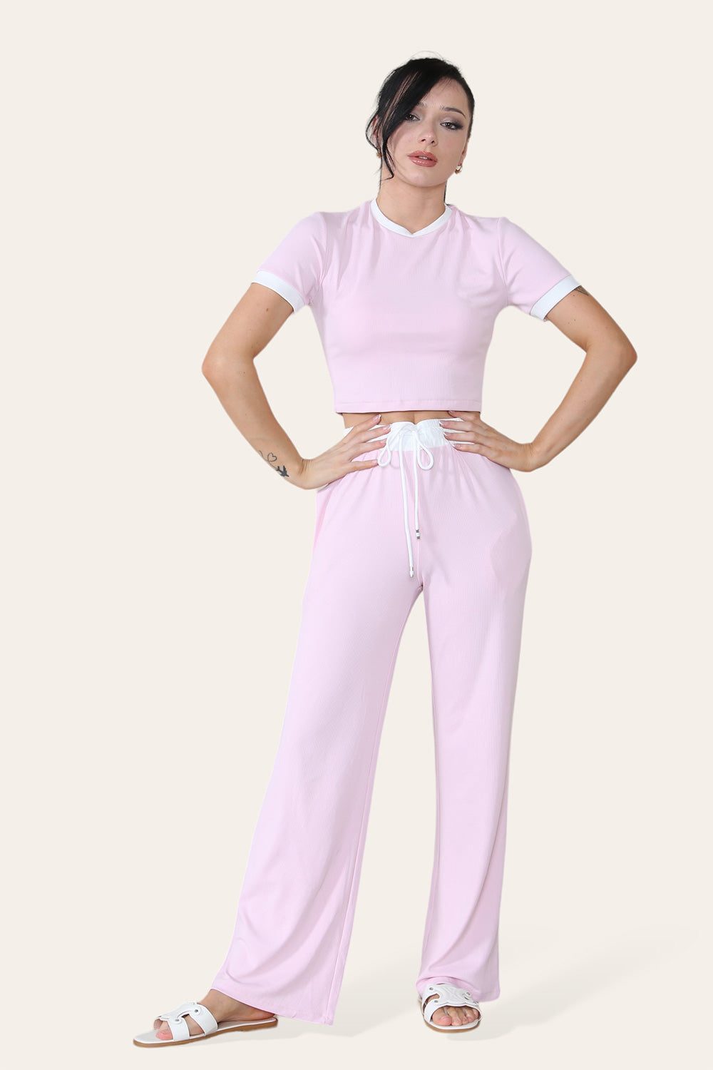 Ribbed Contrast Wide Leg Flared Trousers And Top Loungewear TRS Cropped Set