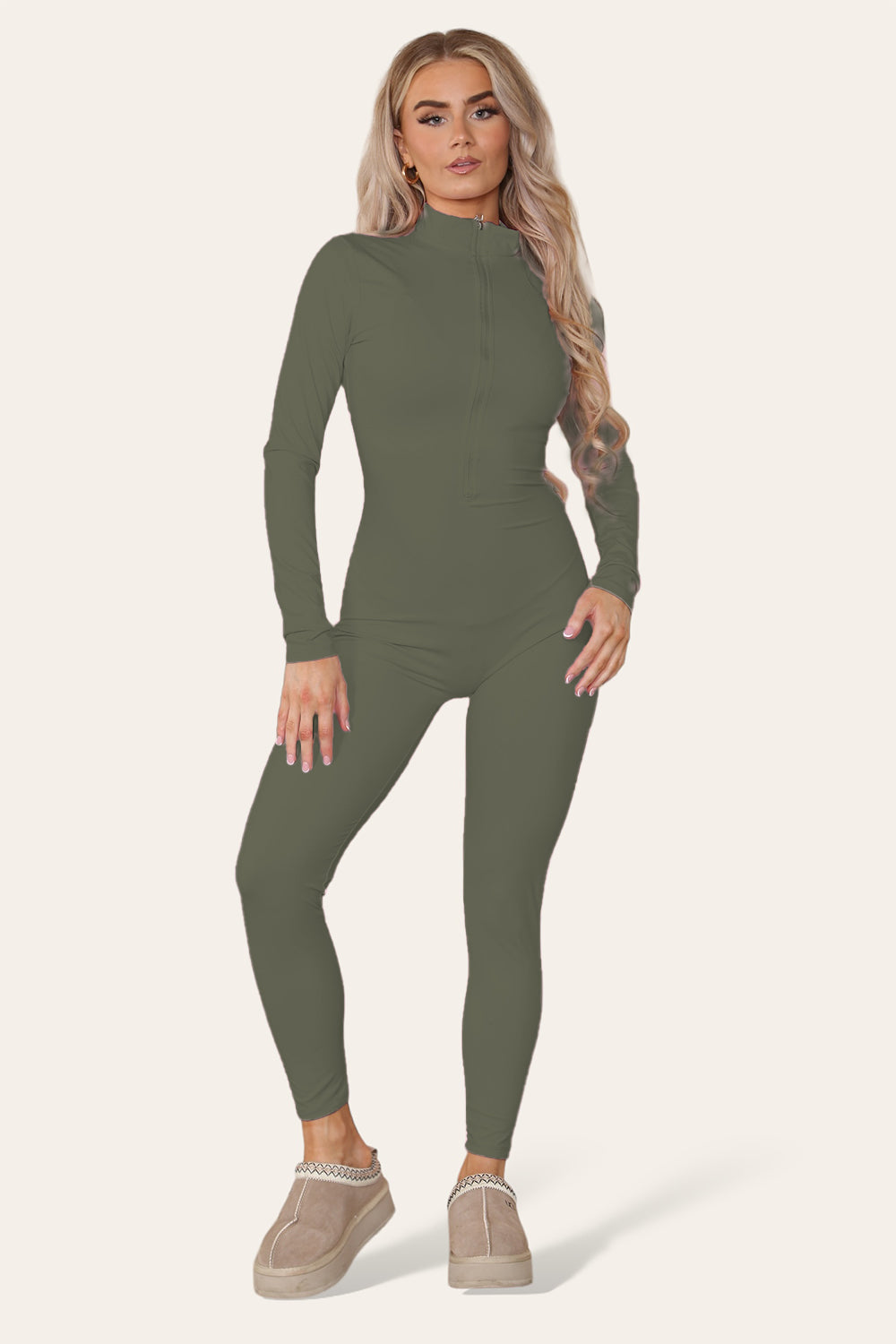 Ribbed High Neck Zipper Collar Jumpsuit Front Unitard Set