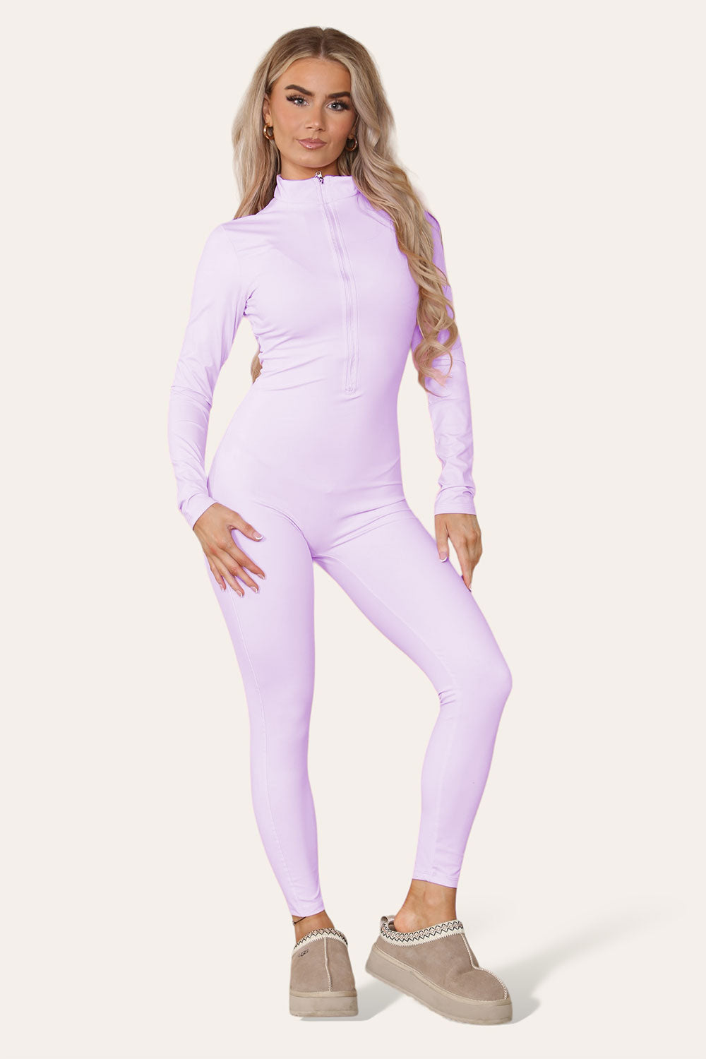 Ribbed High Neck Zipper Collar Jumpsuit Front Unitard Set