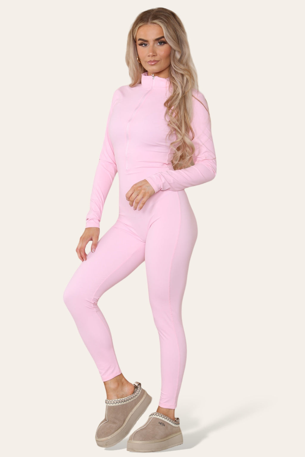 Ribbed High Neck Zipper Collar Jumpsuit Front Unitard Set