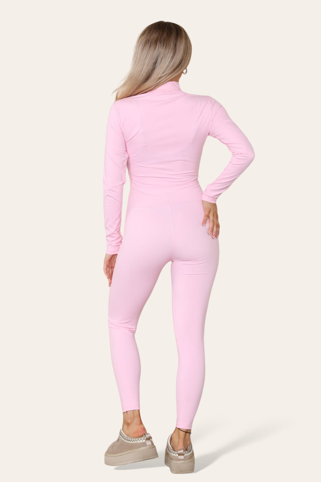 Ribbed High Neck Zipper Collar Jumpsuit Front Unitard Set