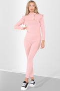 Side Buttons Frill Shoulder Side Neck Gold Button Detail Two Piece Loungewear Set