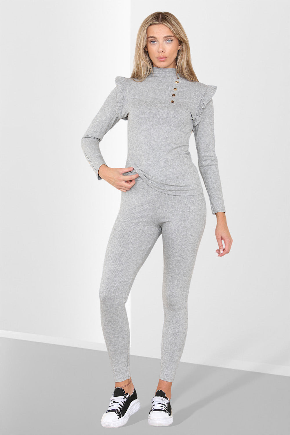 Side Buttons Frill Shoulder Side Neck Gold Button Detail Two Piece Loungewear Set