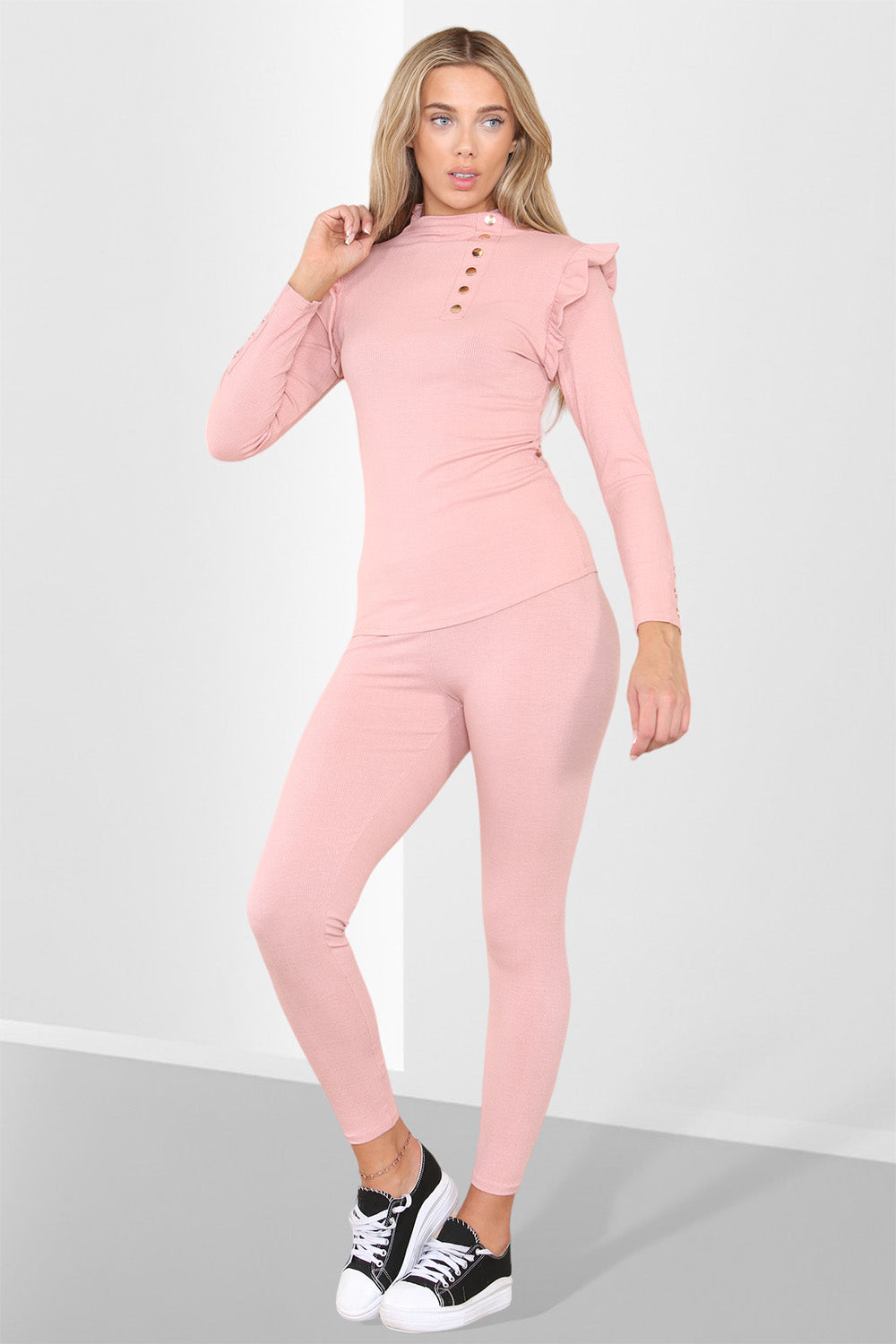 Side Buttons Frill Shoulder Side Neck Gold Button Detail Two Piece Loungewear Set