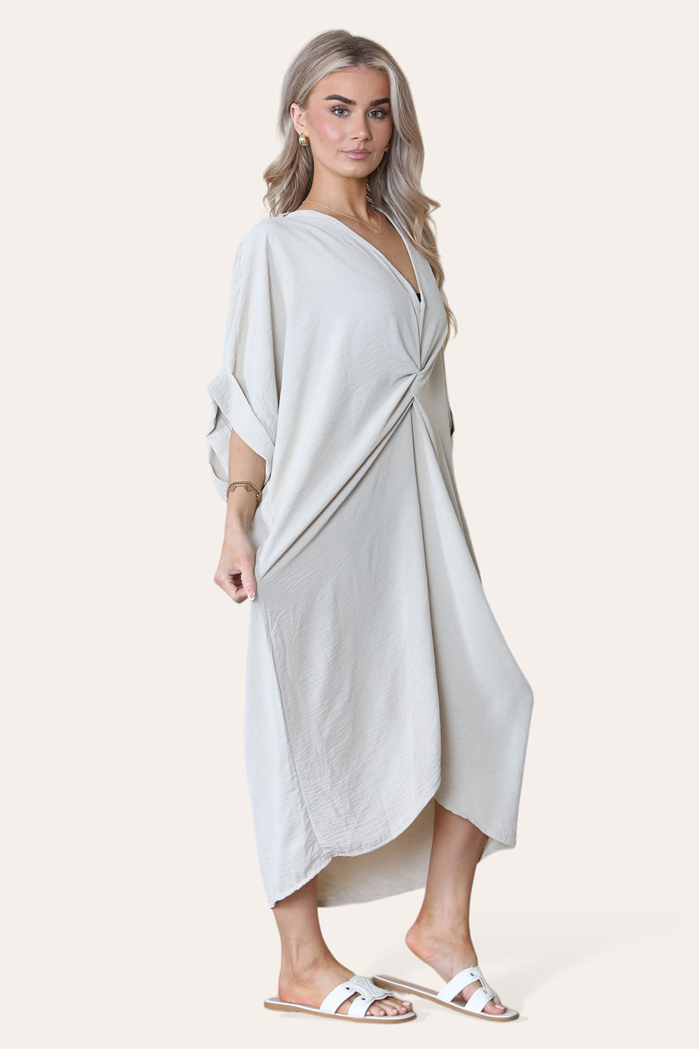 Womens V-Neck Tie Knotted Twisted Front Oversized Longline Midi Dress