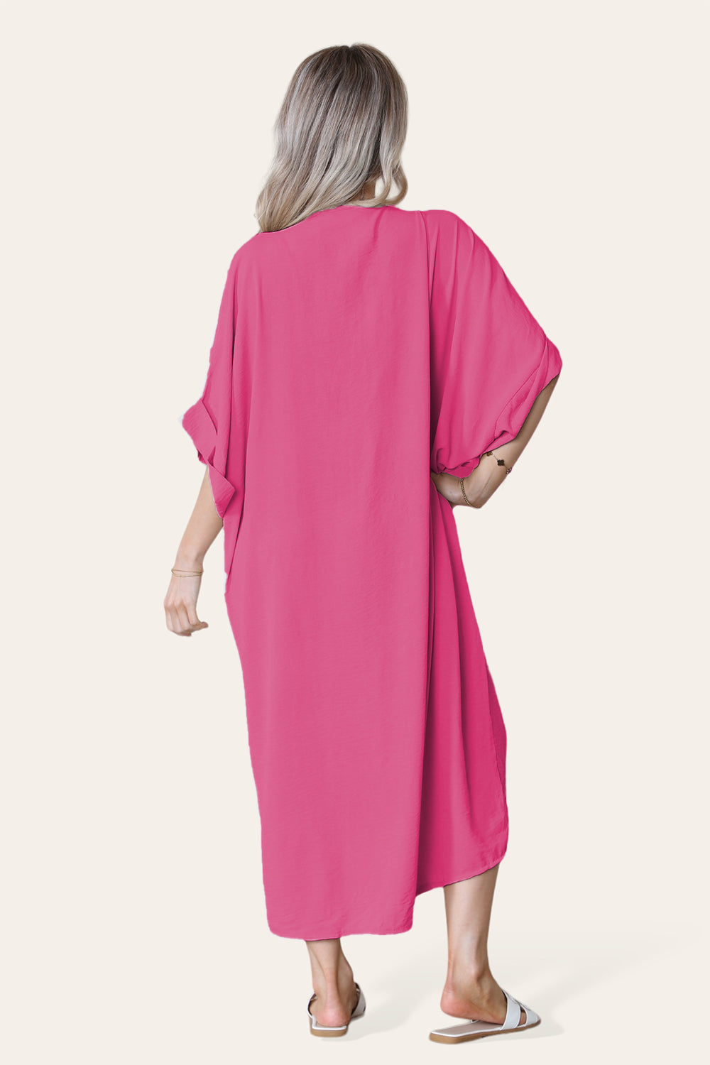 Womens V-Neck Tie Knotted Twisted Front Oversized Longline Midi Dress