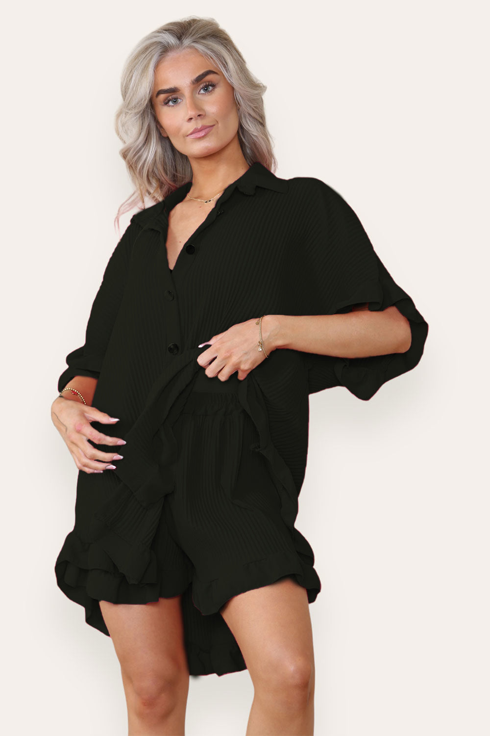 Women’s Casual Oversized Gold Button Pleated Frilled Ruffle Short Sleeves Shirt Top and Short Co-Ord Set