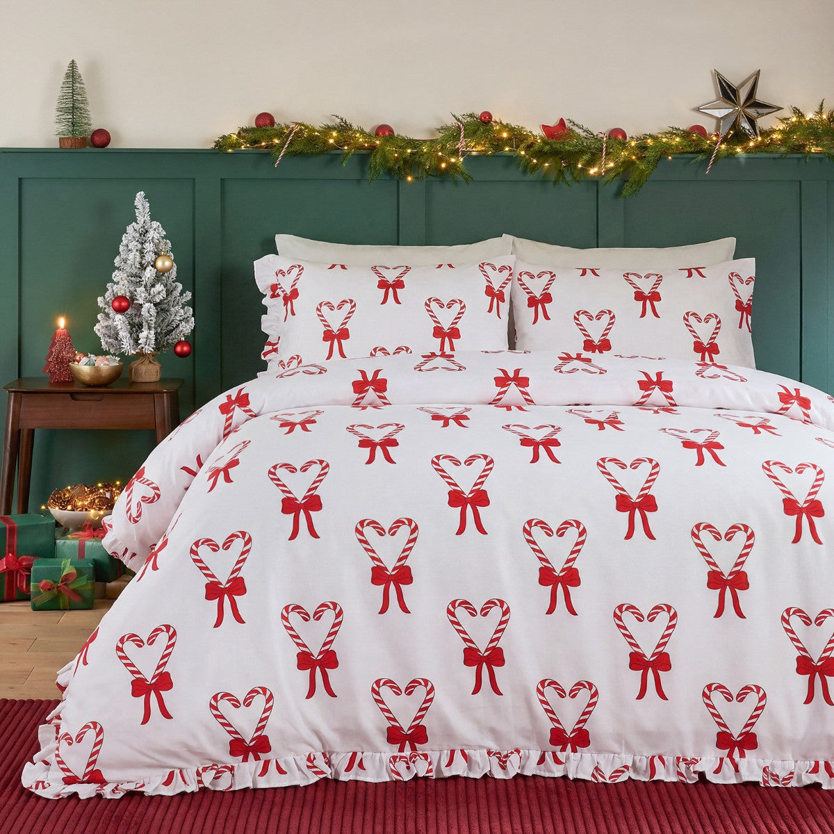 Candy Cane Heart Print Frill Edge Duvet Cover Set - White/Red
