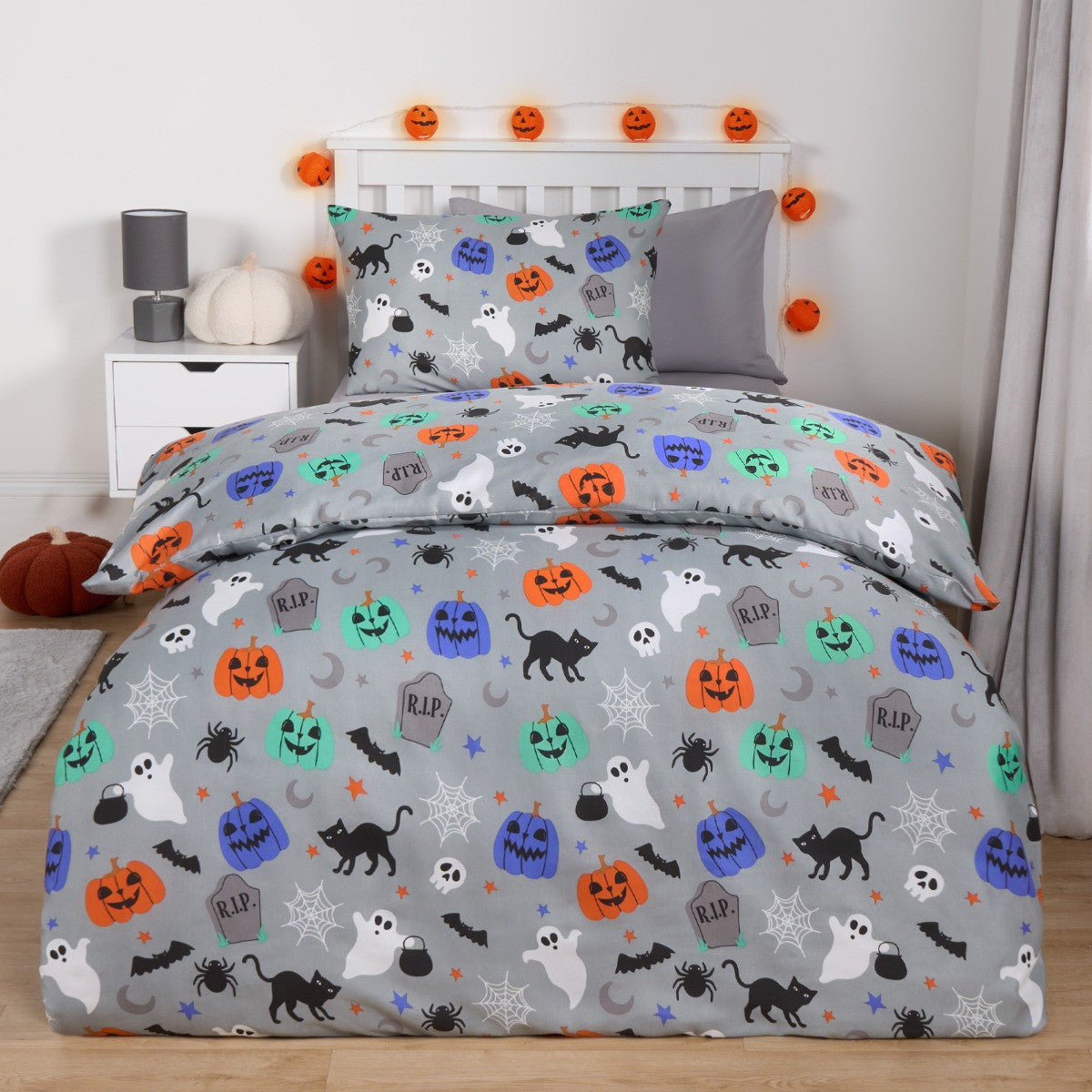 Halloween Duvet Cover Set, Grey - Single