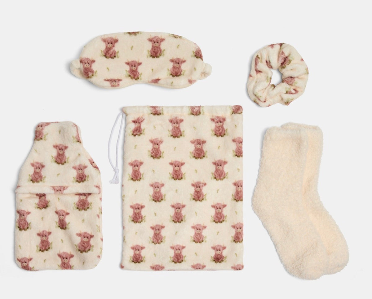 Harry The Highland Cow Print Hot Water Bottle Gift Set - Natural