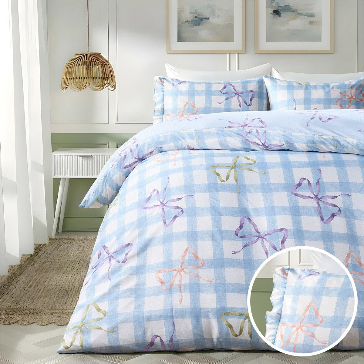 Bow Print Gingham Duvet Cover & Frill Edge Pillowcase Set - Blue/White
