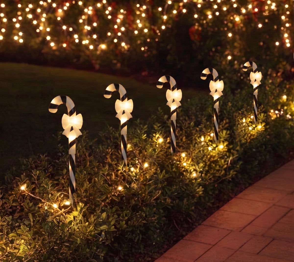 5 Pack Bow Candy Cane Stake Lights - Monochrome