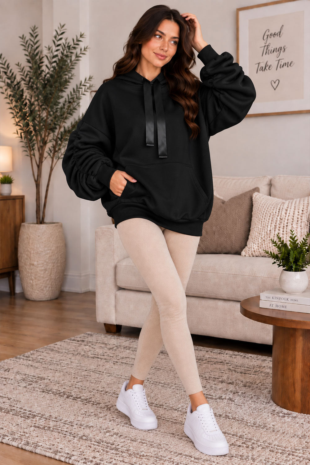 Women’s Ruched Sleeve Oversized Ladies Ribbon Hoodie Jumper Top