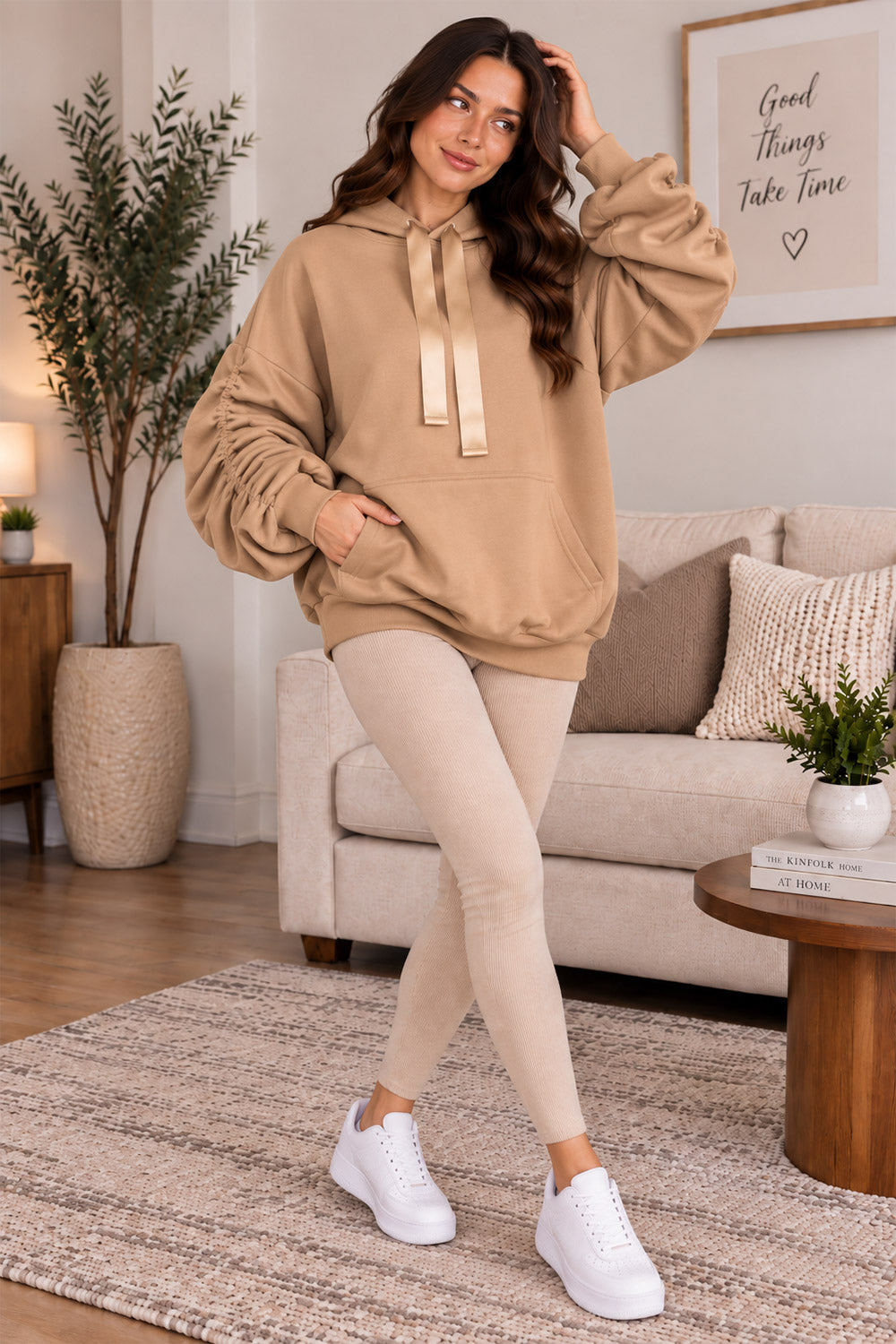 Women’s Ruched Sleeve Oversized Ladies Ribbon Hoodie Jumper Top