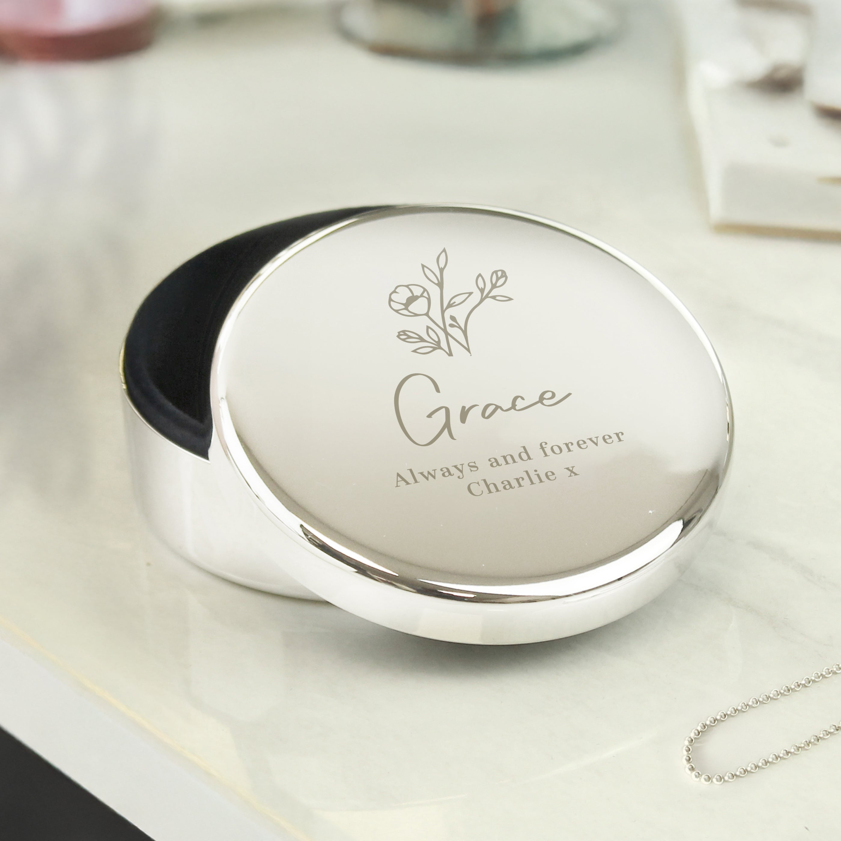 Personalised Floral Round Trinket Box