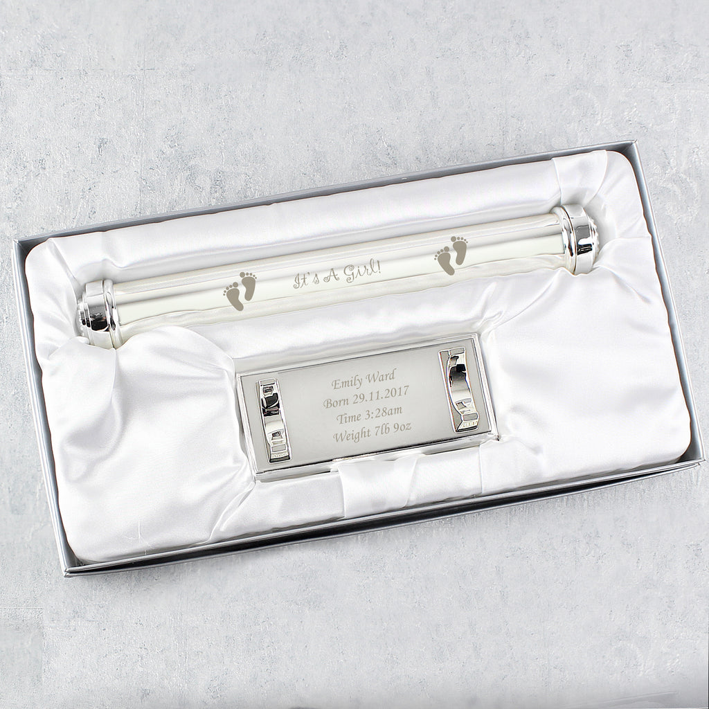 Personalised Its A Girl Silver Plated Certificate Holder
