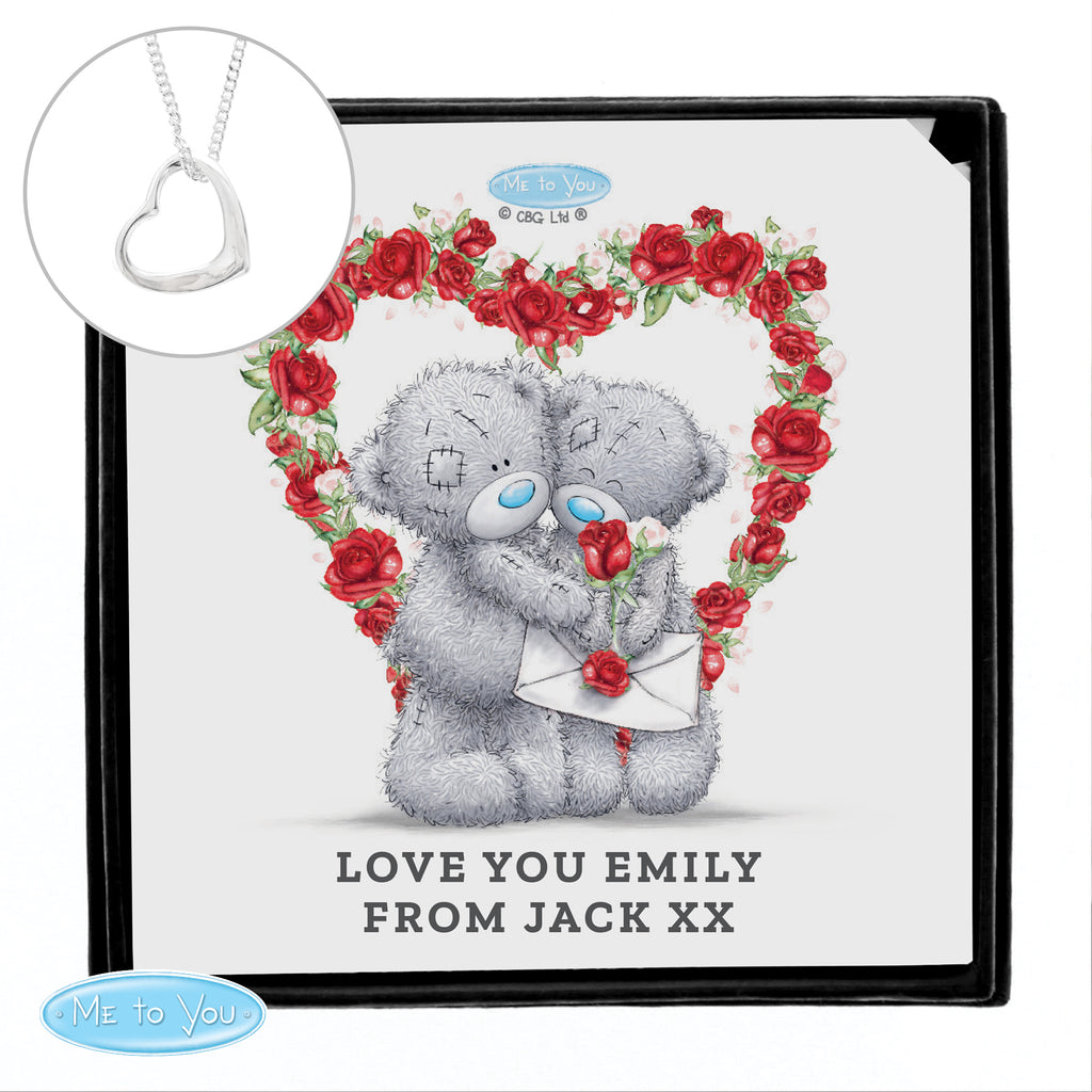 Personalised Me to You Roses Sterling Silver Heart Necklace and Box
