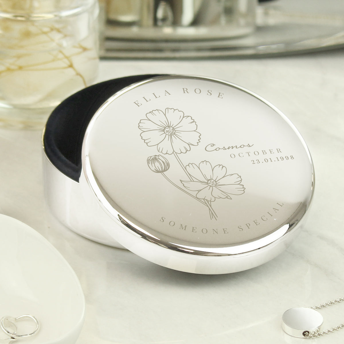 Personalised October Birth Flower Round Trinket Box