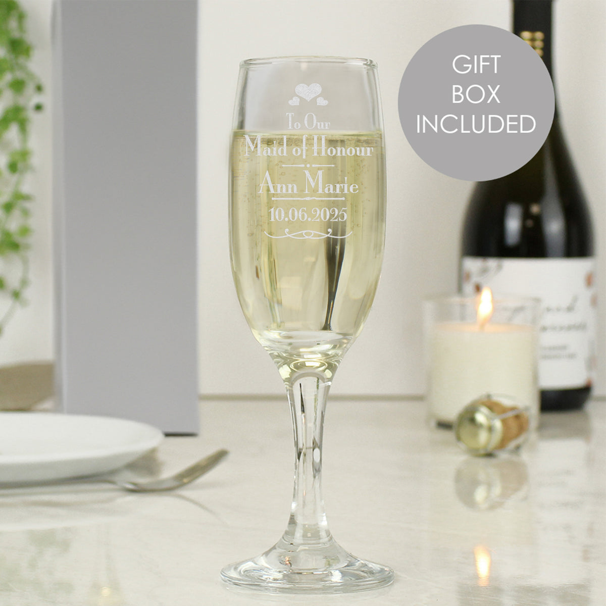 Personalised Decorative Wedding Maid of Honour Glass Flute