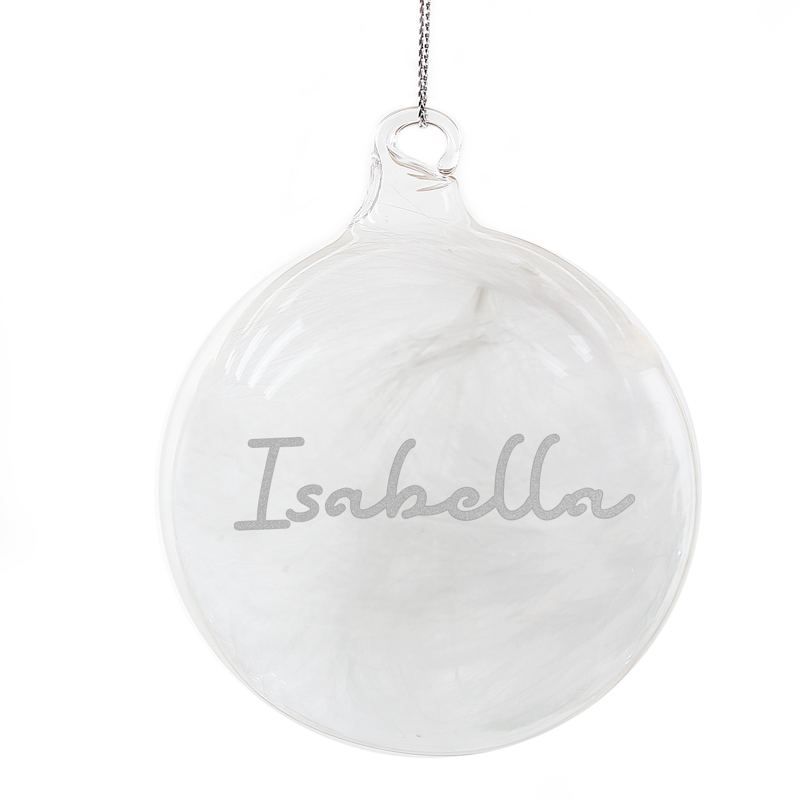 Personalised Silver Glitter Name Only Feather Glass Bauble