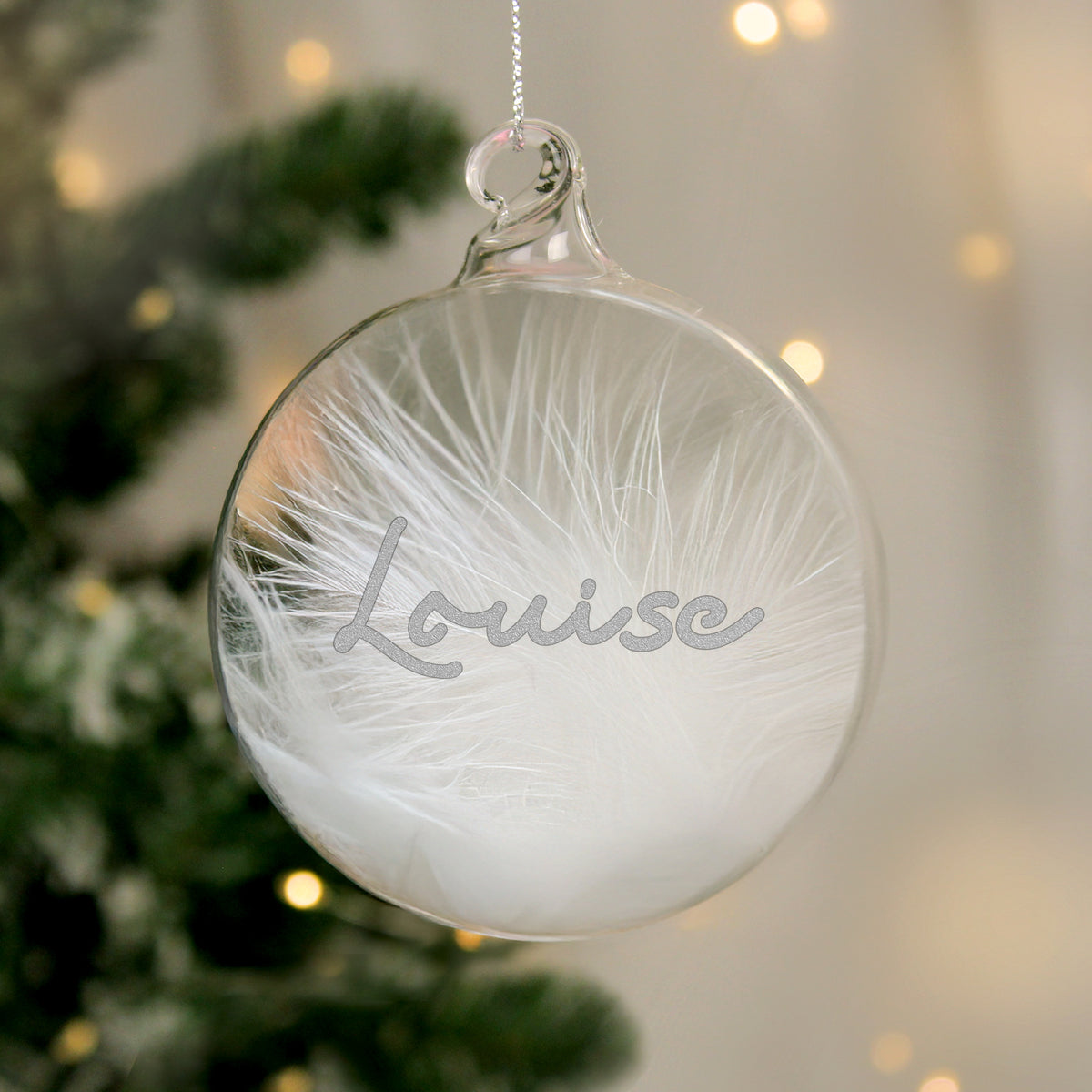Personalised Silver Glitter Name Only Feather Glass Bauble