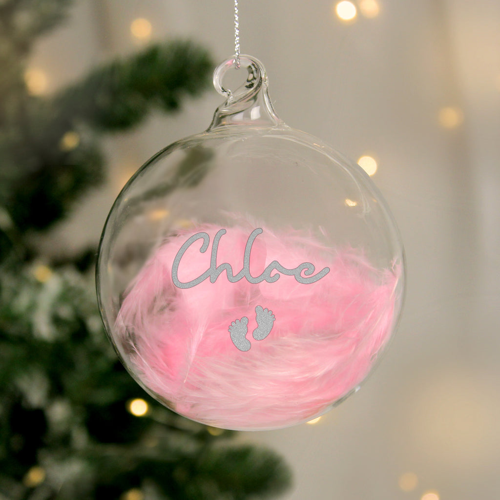 Personalised Pink Feather Silver Footprints Glass Bauble