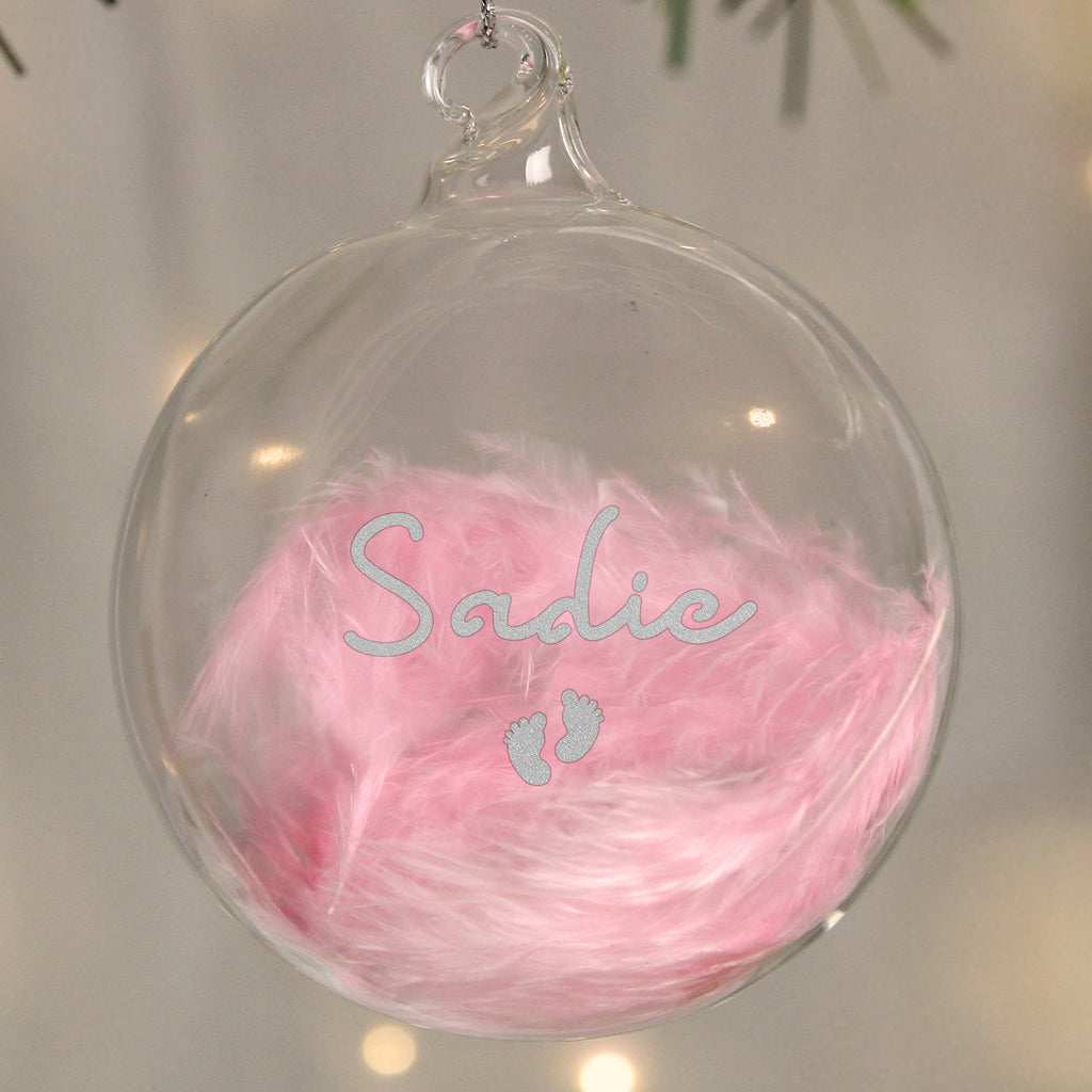 Personalised Pink Feather Silver Footprints Glass Bauble