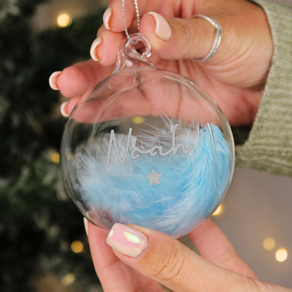 Personalised Blue Feather Silver Star Glass Bauble