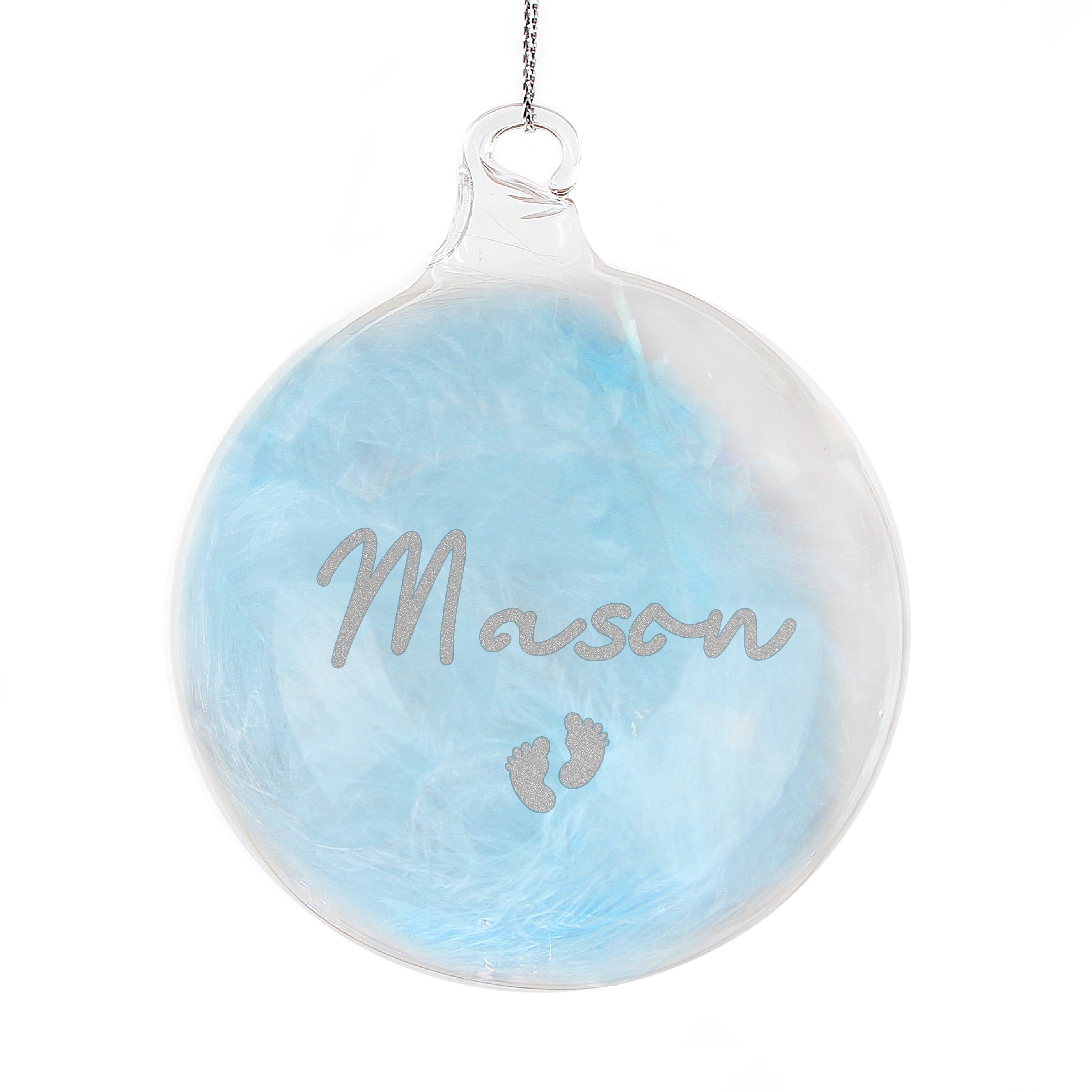 Personalised Blue Feather Silver Footprints Glass Bauble