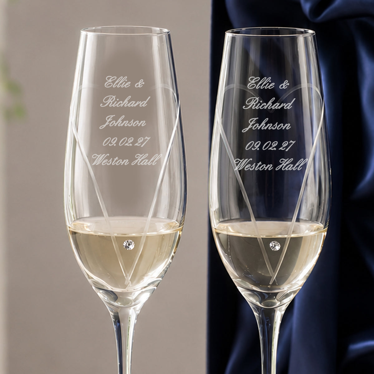 Personalised Hand Cut Heart Pair of Flutes with Gift Box