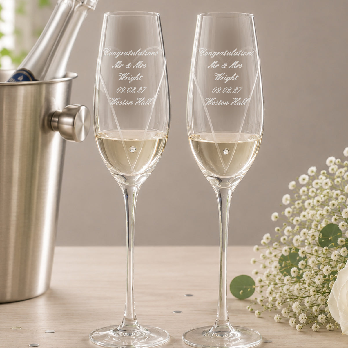 Personalised Hand Cut Heart Pair of Flutes with Gift Box