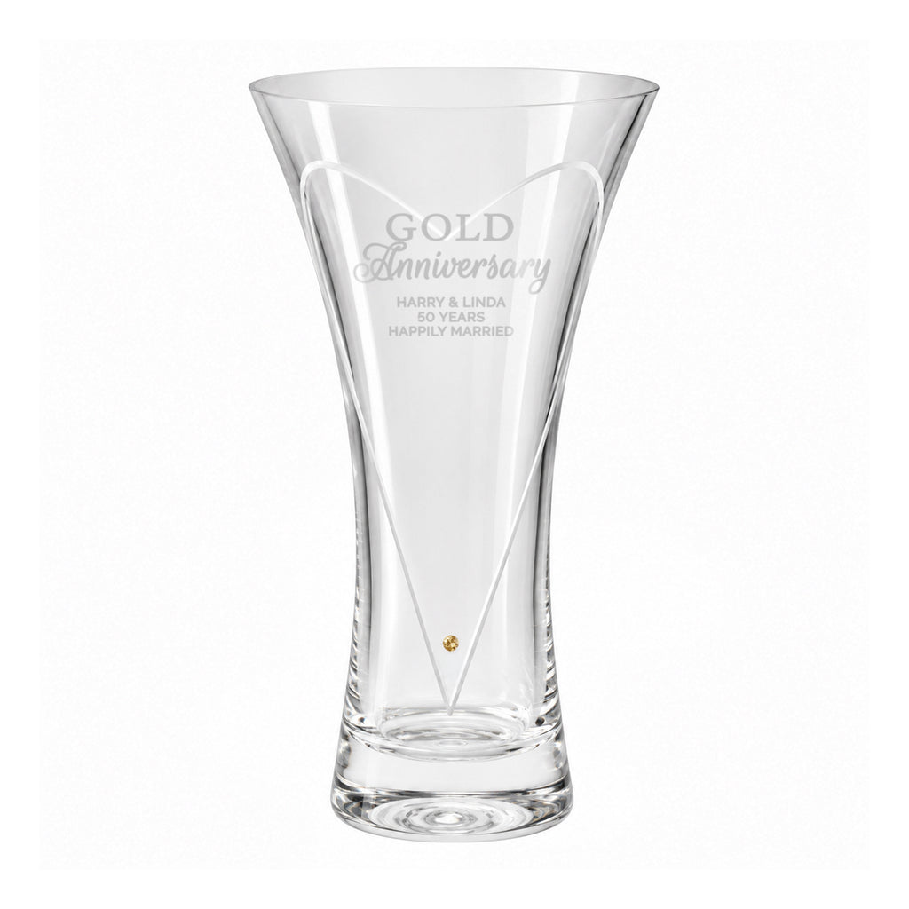 Personalised Gold Anniversary Large Hand Cut Diamond Effect Heart Vase