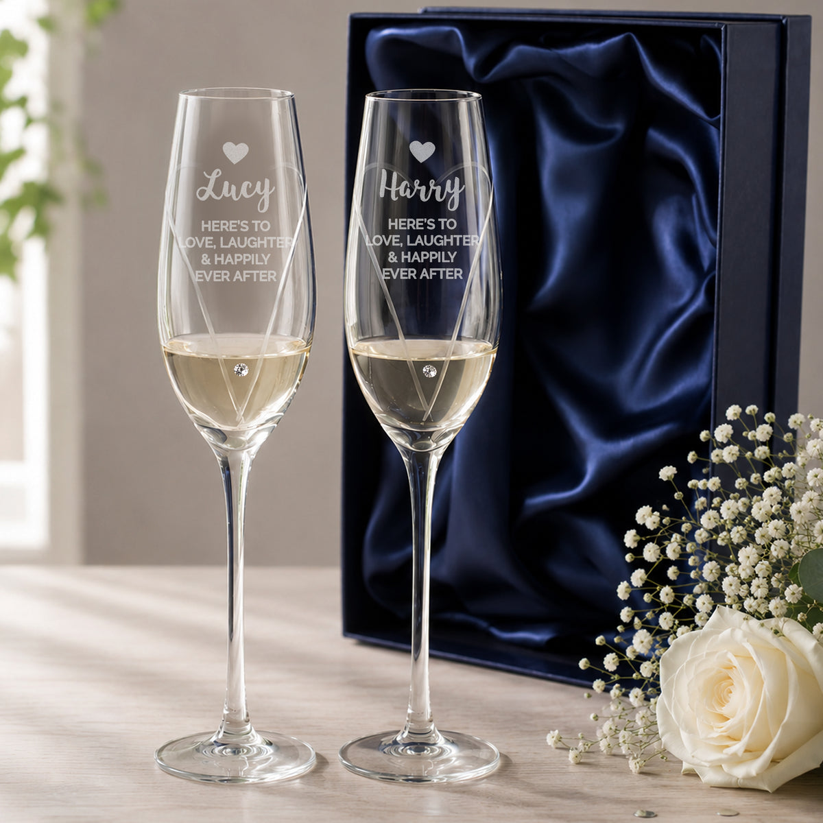 Personalised Hand Cut Heart Celebration Pair of Flutes with Gift Box