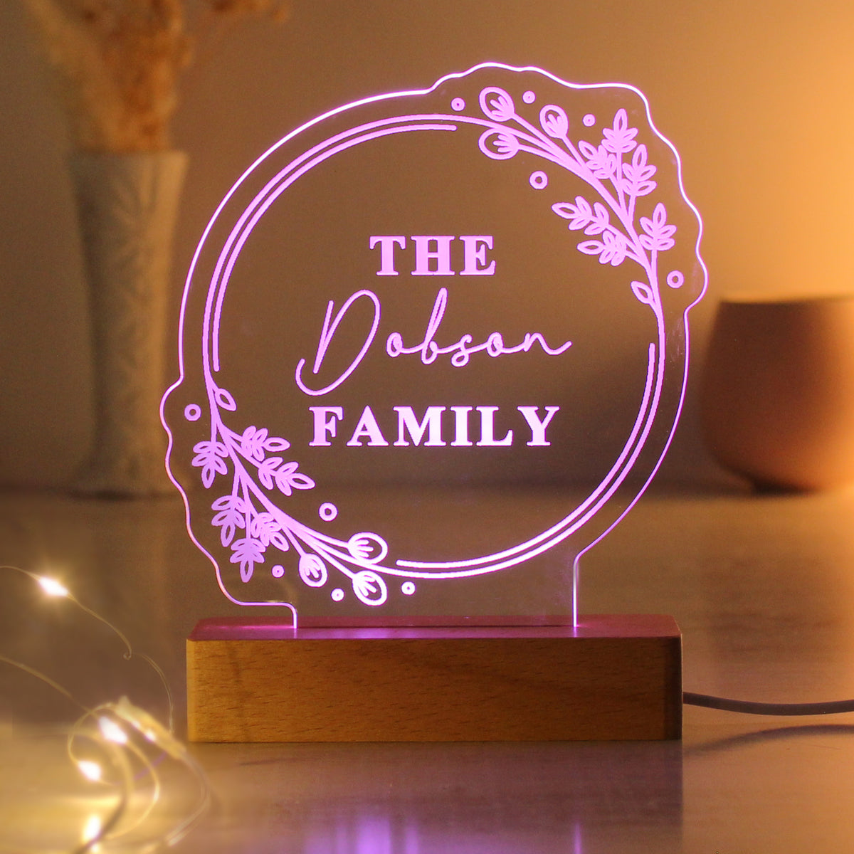 Personalised Floral Wooden Based LED Light