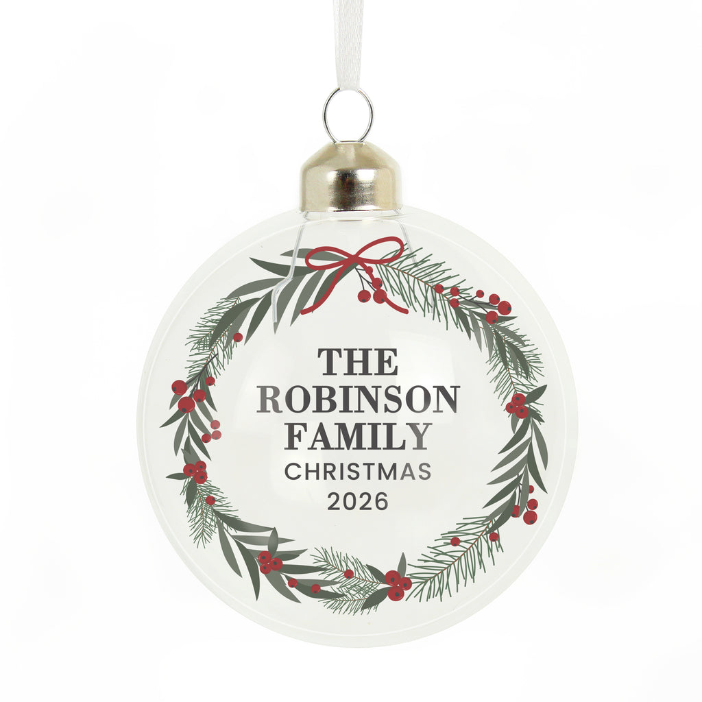 Personalised Green Christmas Wreath Glass Bauble