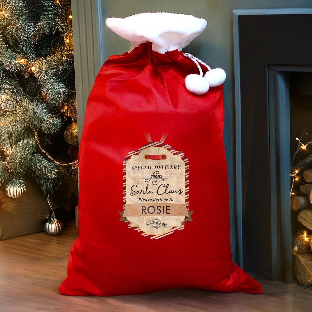Personalised Special Delivery Luxury Pom Pom Red Sack