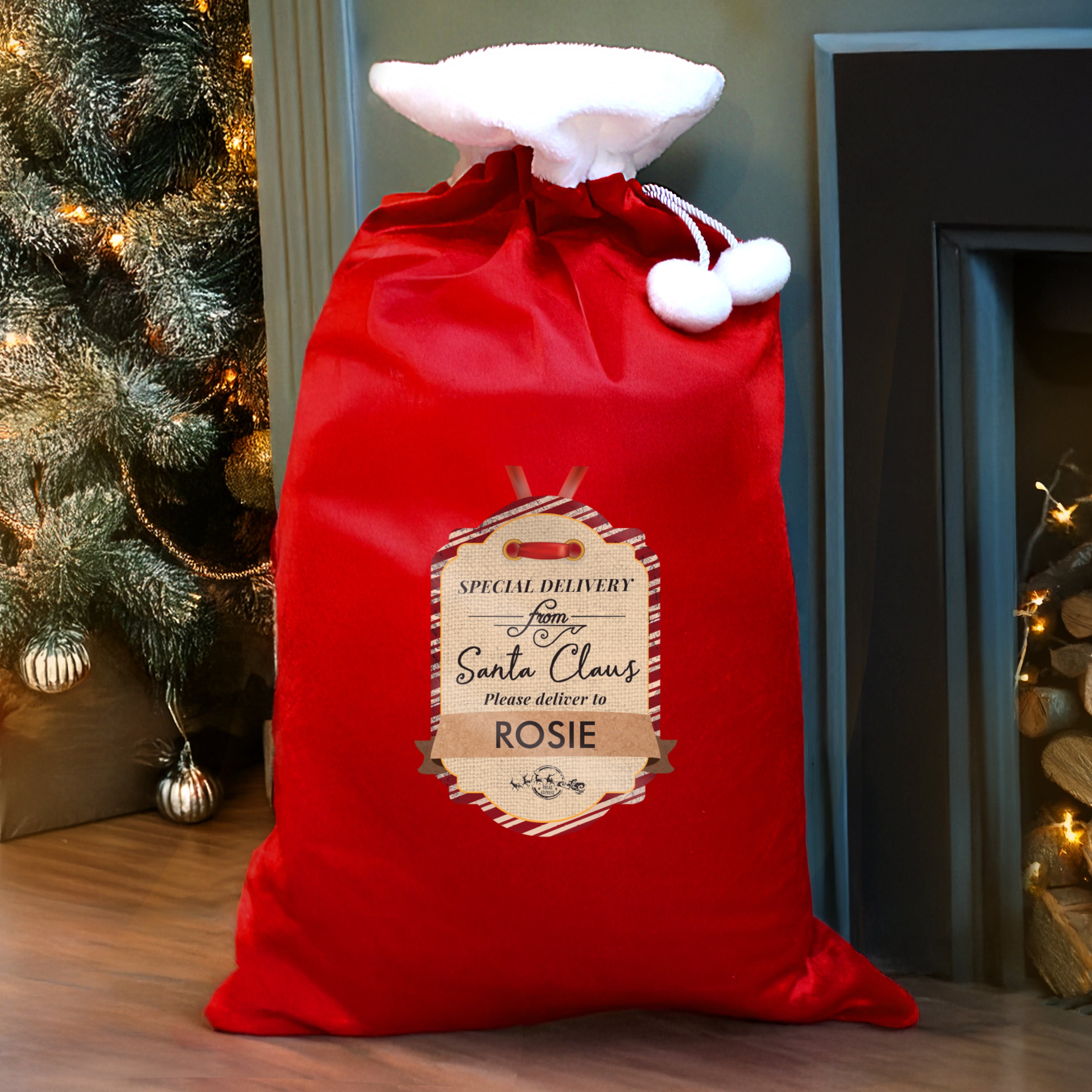 Personalised Special Delivery Luxury Pom Pom Red Sack