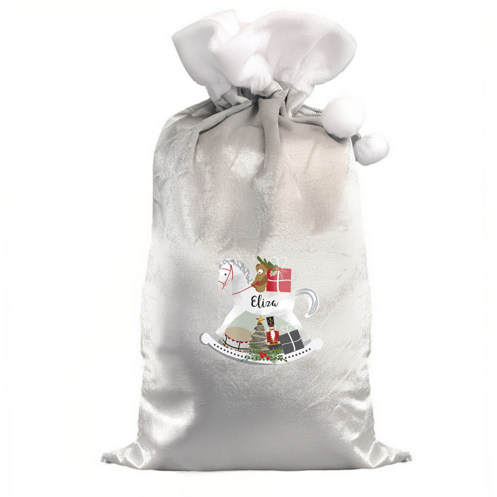 Personalised Rocking Horse Luxury Silver Grey Pom Pom Sack