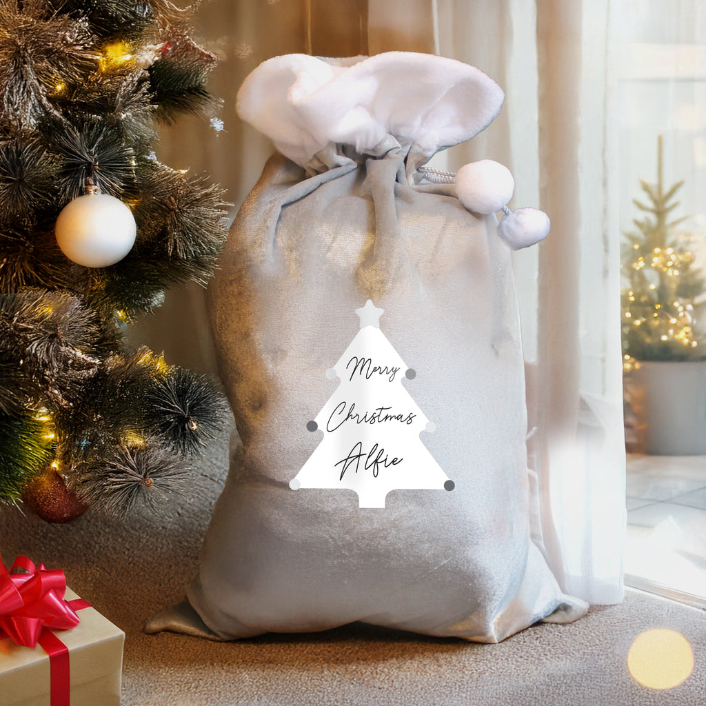 Personalised Christmas Tree Luxury Silver Grey Pom Pom Sack
