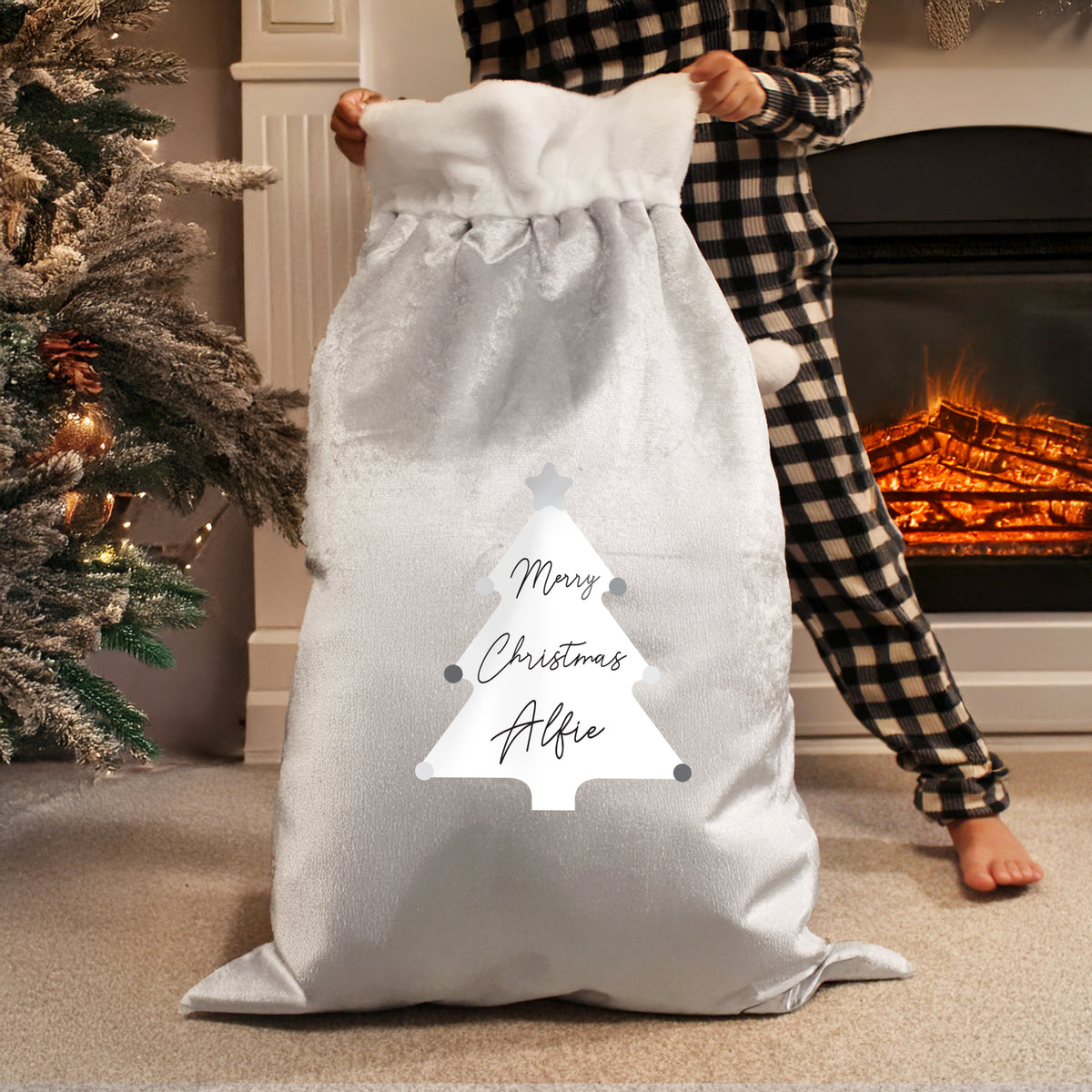 Personalised Christmas Tree Luxury Silver Grey Pom Pom Sack