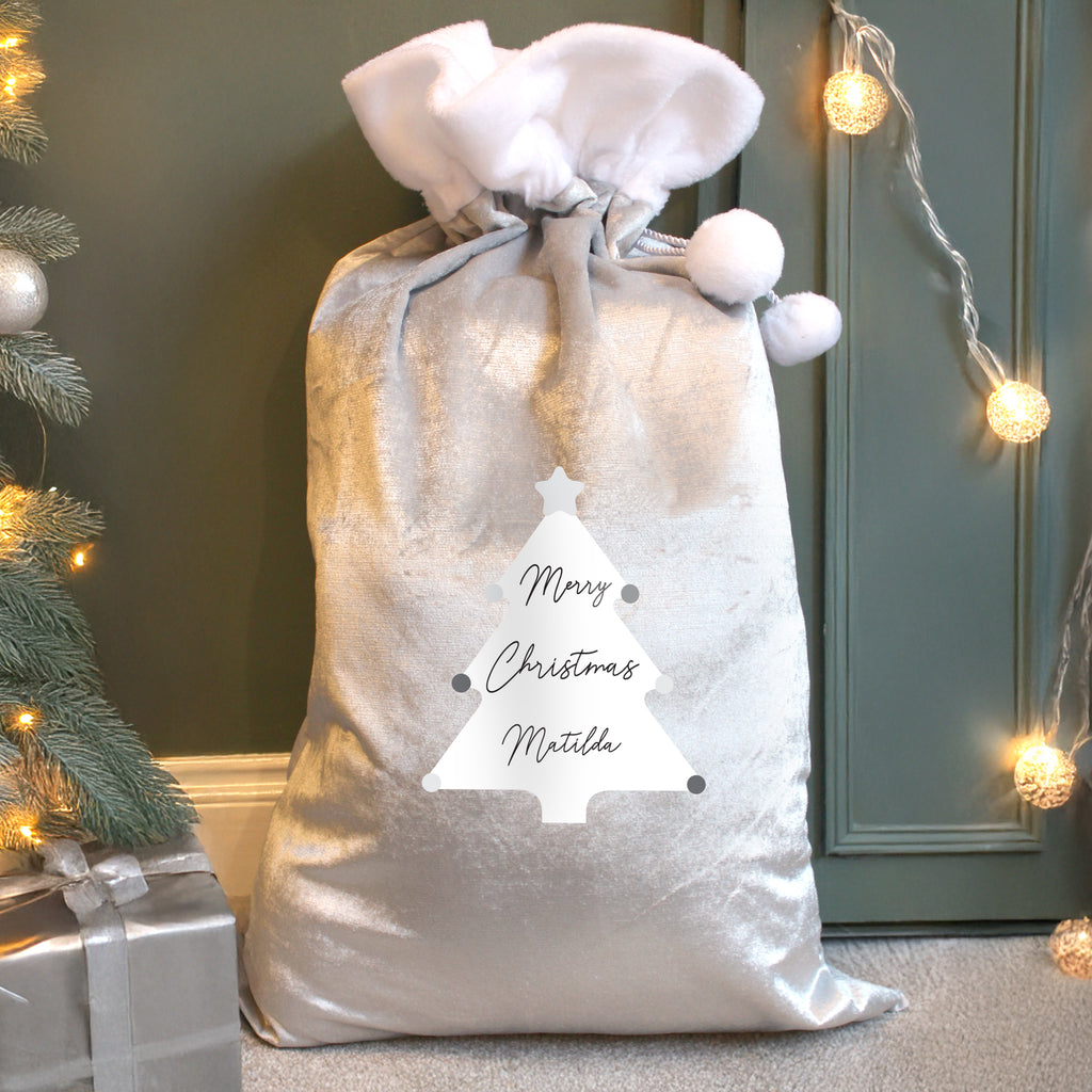 Personalised Christmas Tree Luxury Silver Grey Pom Pom Sack