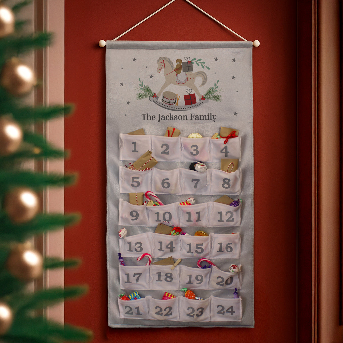 Personalised Rocking Horse Advent Calendar In Silver Grey