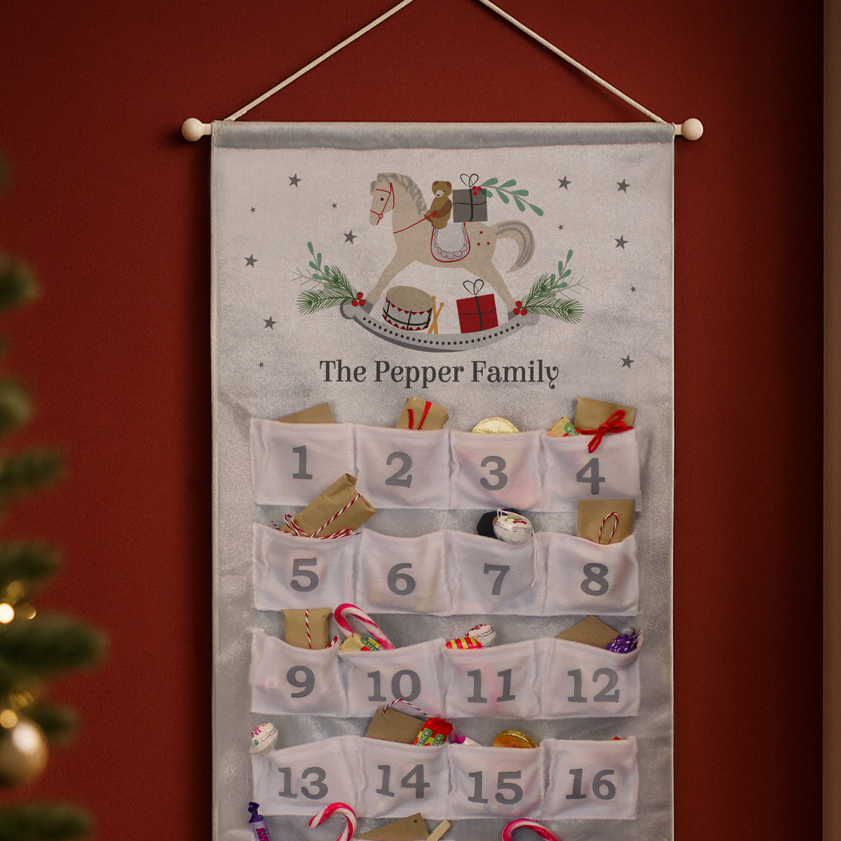 Personalised Rocking Horse Advent Calendar In Silver Grey