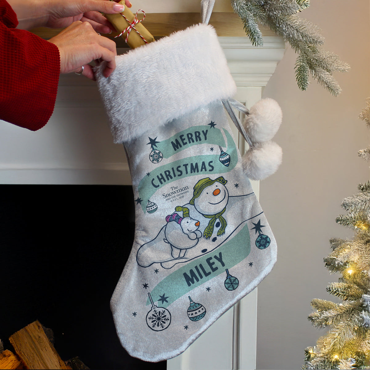 Personalised The Snowman and the Snowdog Luxury Silver Grey Stocking