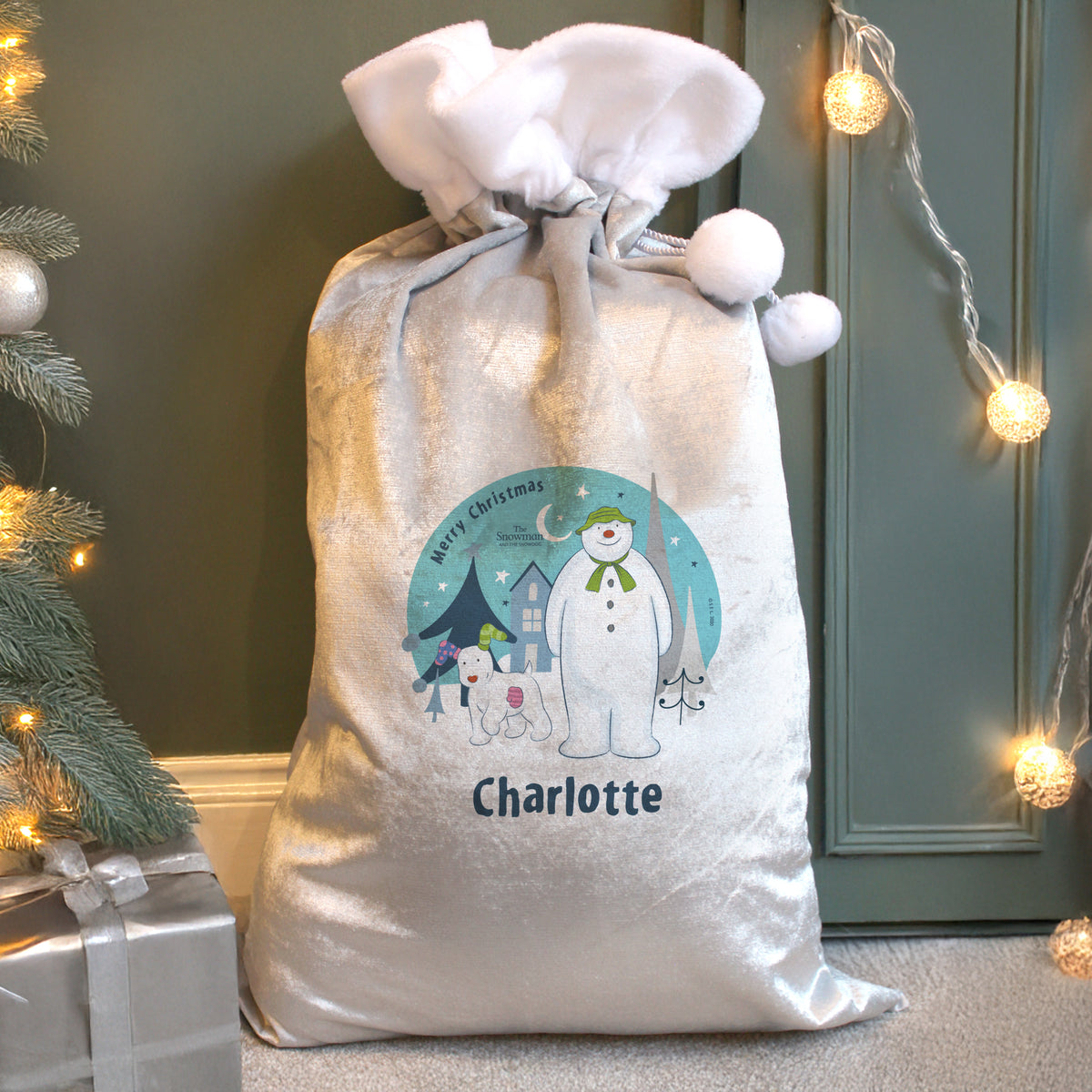 Personalised The Snowman and the Snowdog Luxury Silver Grey Pom Pom Sack